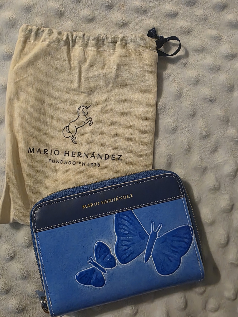 Mario Hernández Blue Butterfly Leather Zip Wallet